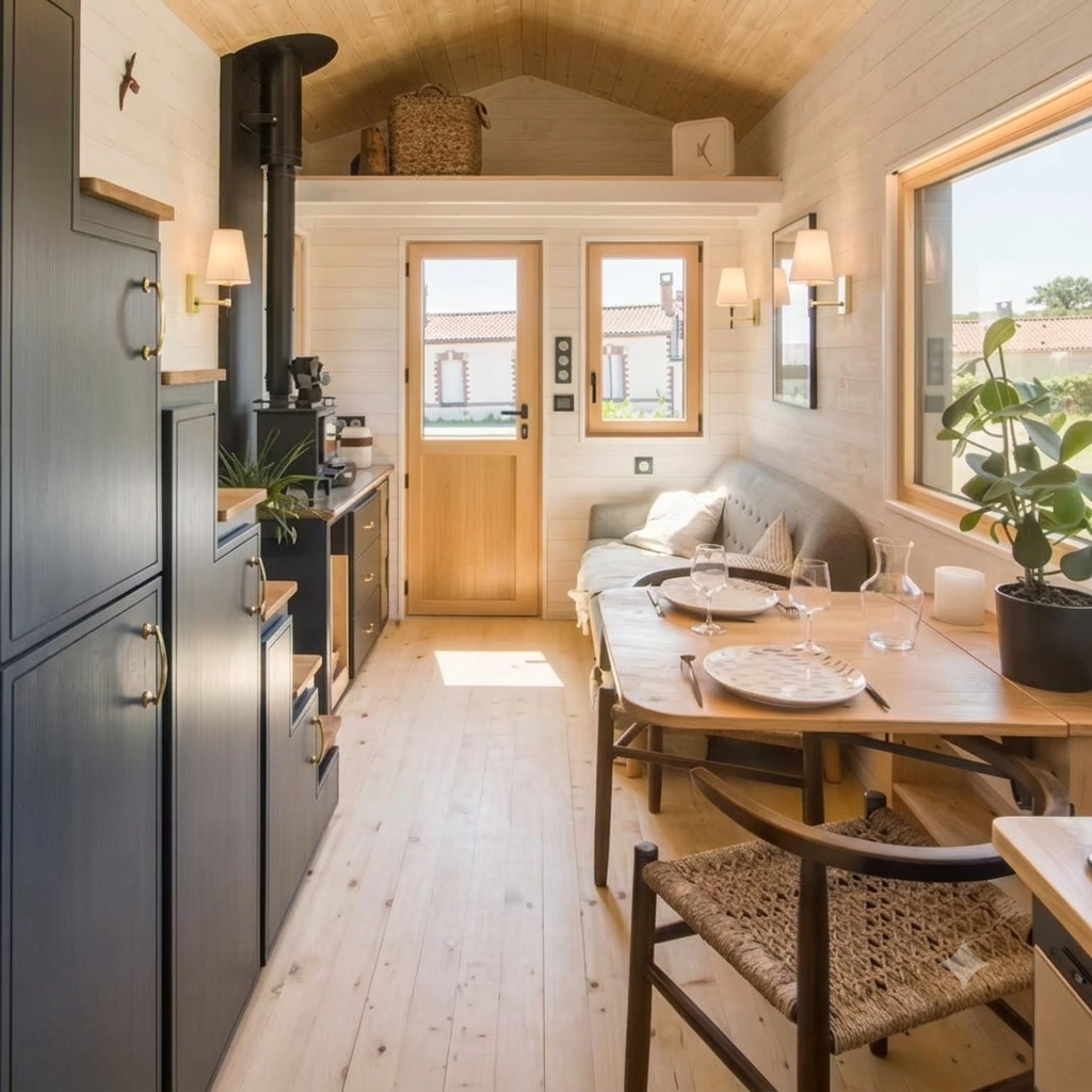 Cosy tiny home interior with wood fire and dining table