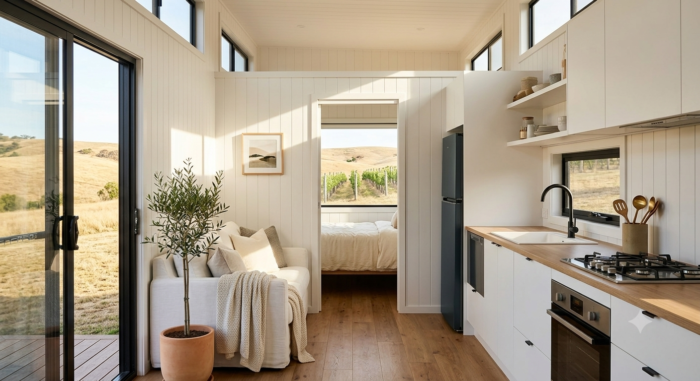 Bright tiny home interior with kitchen and living area