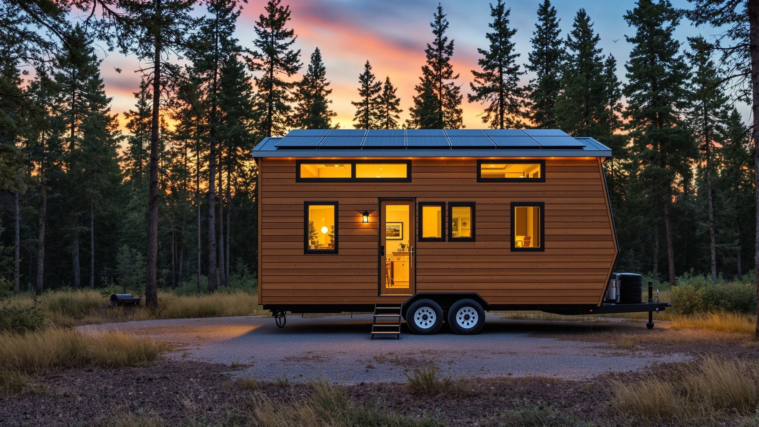 Solar-powered Driftwood tiny home glowing at dusk in the forest