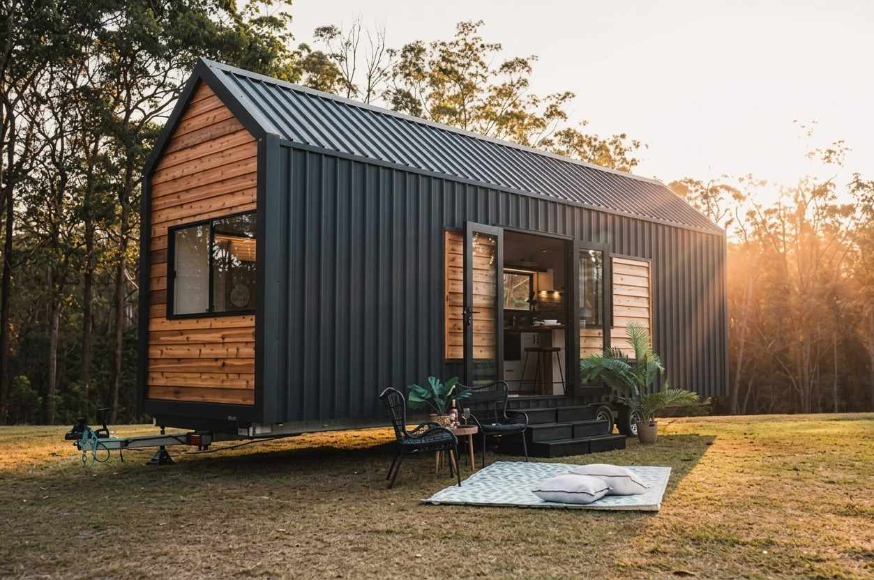 Dark-clad tiny home with a deck set up for entertaining at golden hour