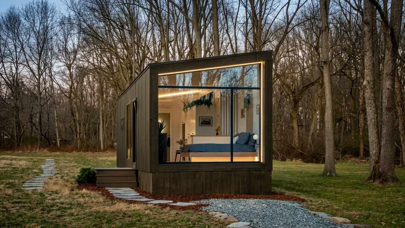 Tiny home with a glass-walled bedroom nook among bare winter trees